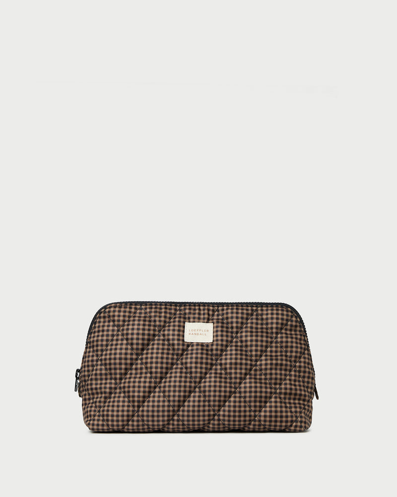 Frances Brown/Black Check Cosmetic Pouch in quilted brown and black check nylon.