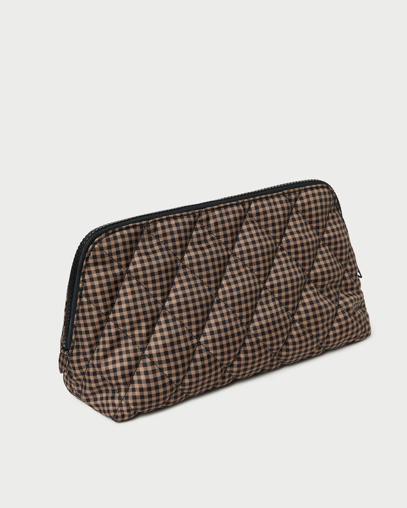 Frances Brown/Black Check Cosmetic Pouch in quilted brown and black check nylon.