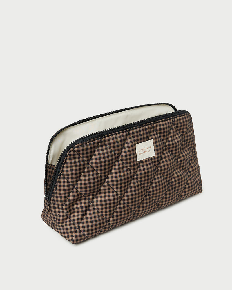 Frances Brown/Black Check Cosmetic Pouch in quilted brown and black check nylon.