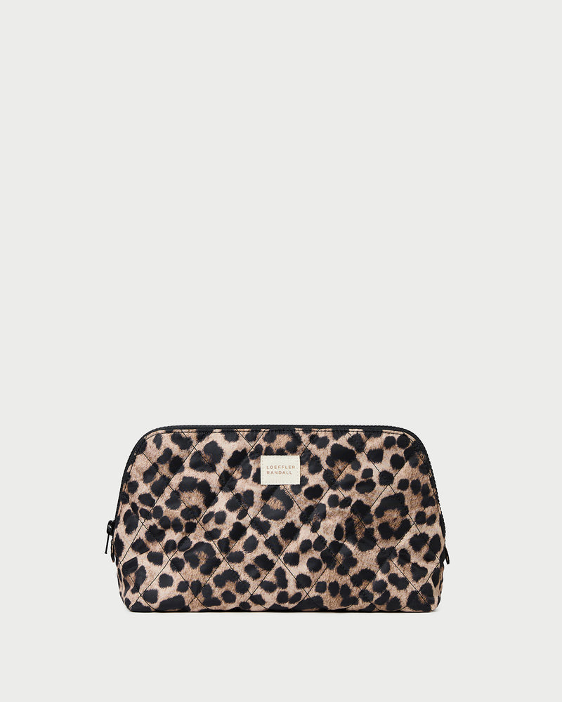 Frances Brown/Leopard Cosmetic Pouch in quilted brushed leopard print nylon.