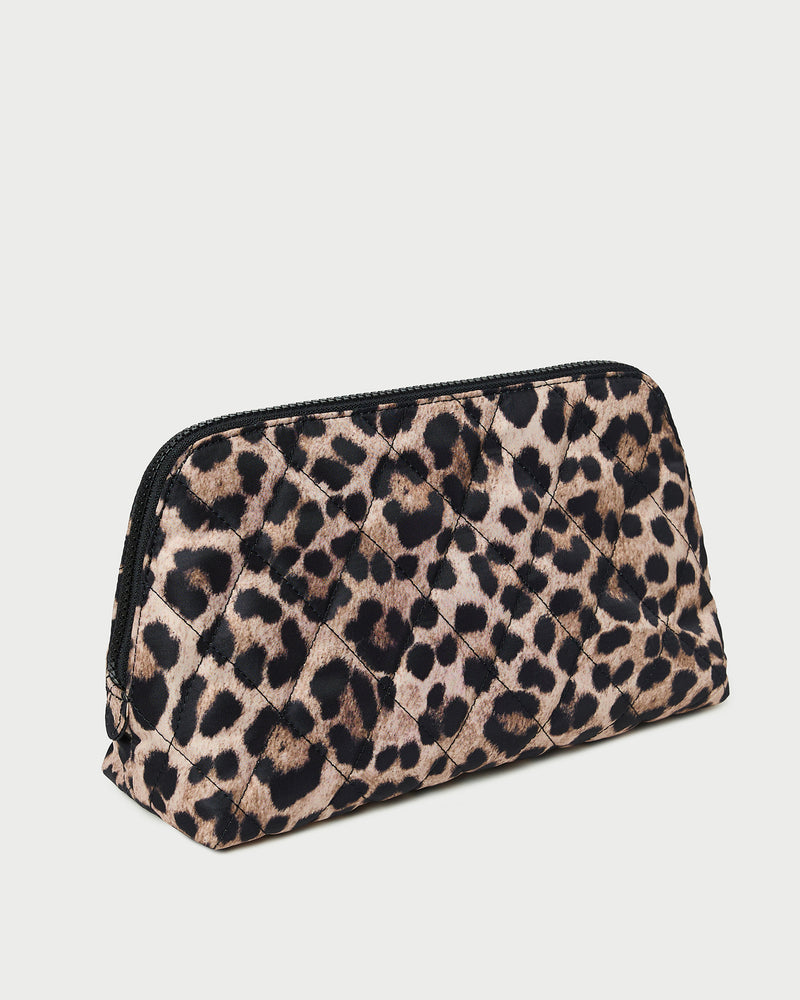 Frances Brown/Leopard Cosmetic Pouch in quilted brushed leopard print nylon.