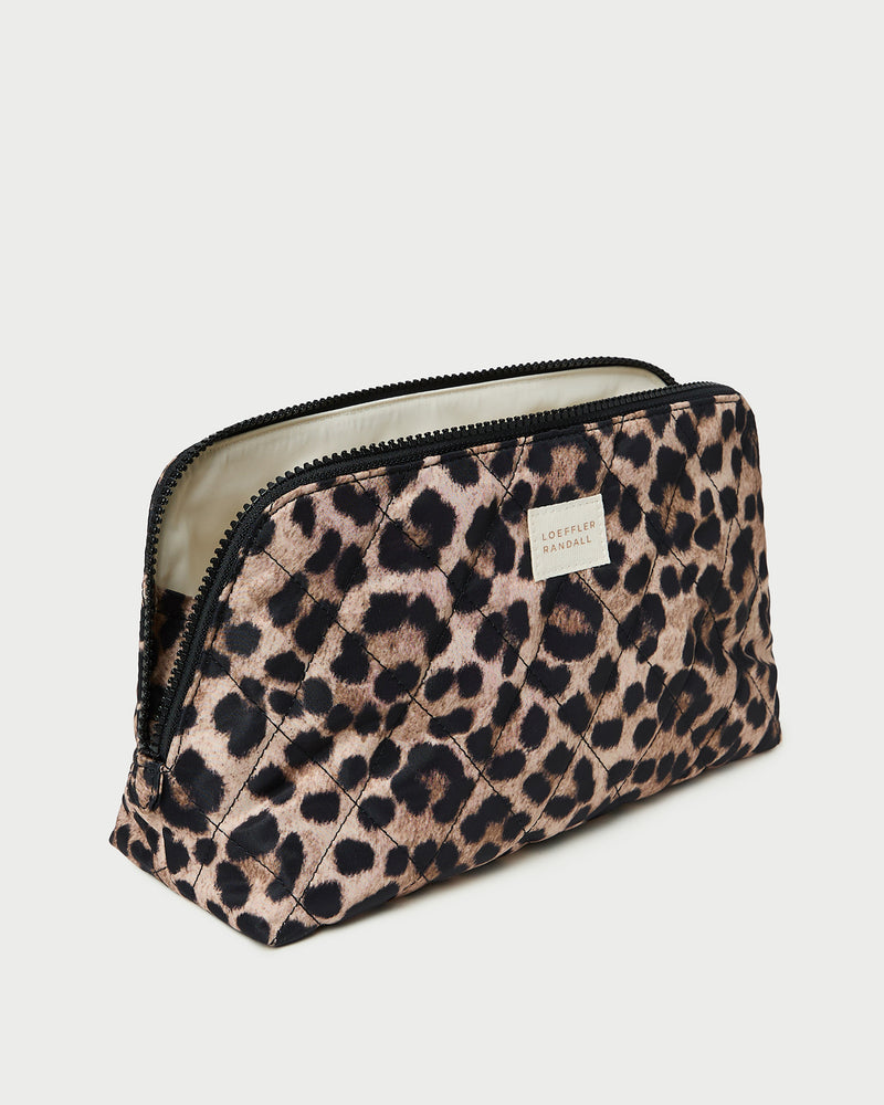 Frances Brown/Leopard Cosmetic Pouch in quilted brushed leopard print nylon.
