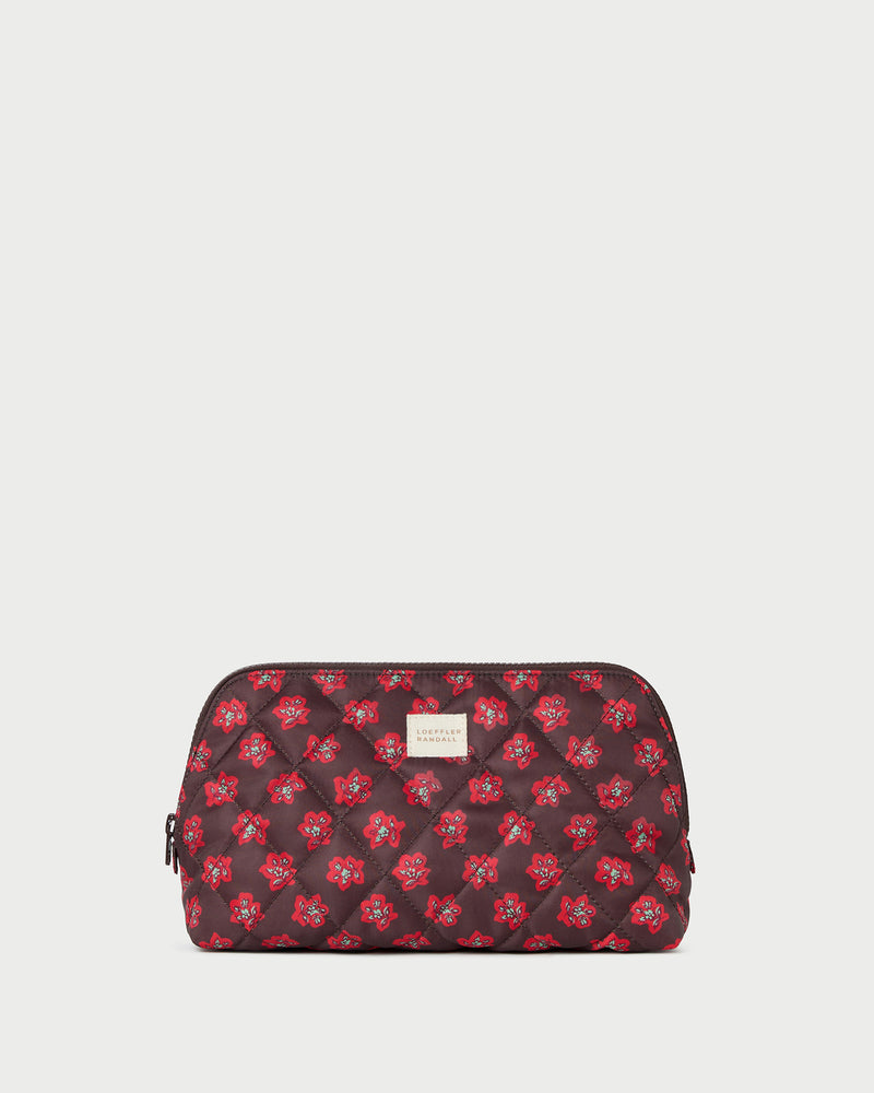 Frances Brown/Red Floral Cosmetic Pouch in brown and red floral quilted nylon.