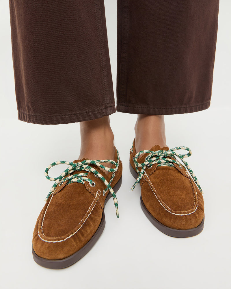 Franco Cacao Suede Boat Shoe in cacao brown suede and Molly Workwear Jean in brown denim.
