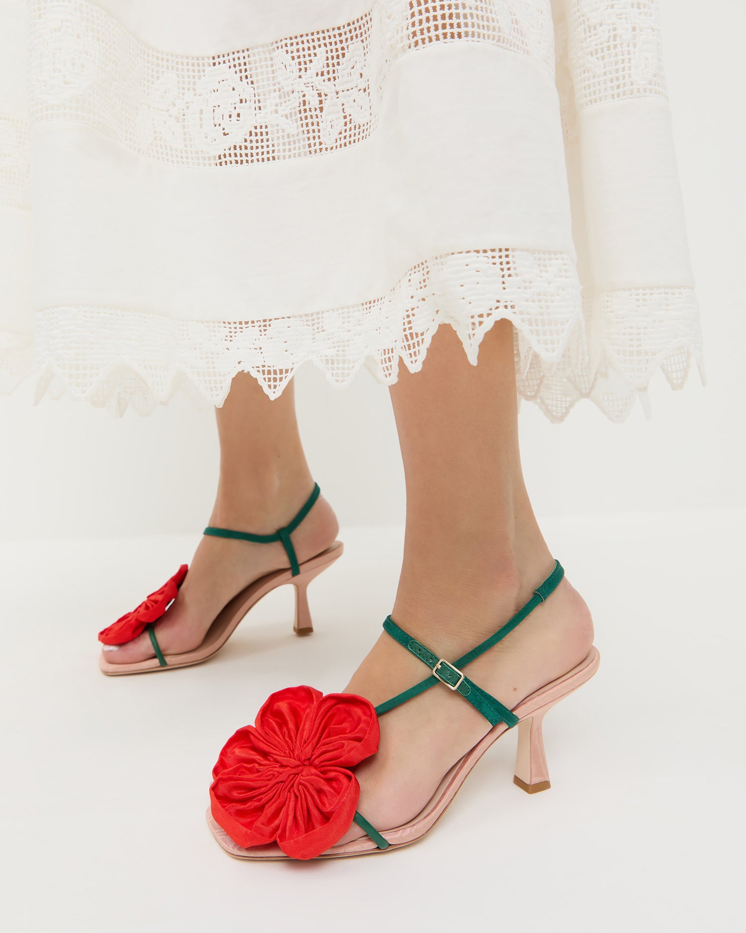 Frank Red/Green Moiré Flower Sandal | Heeled Sandals | Footwear