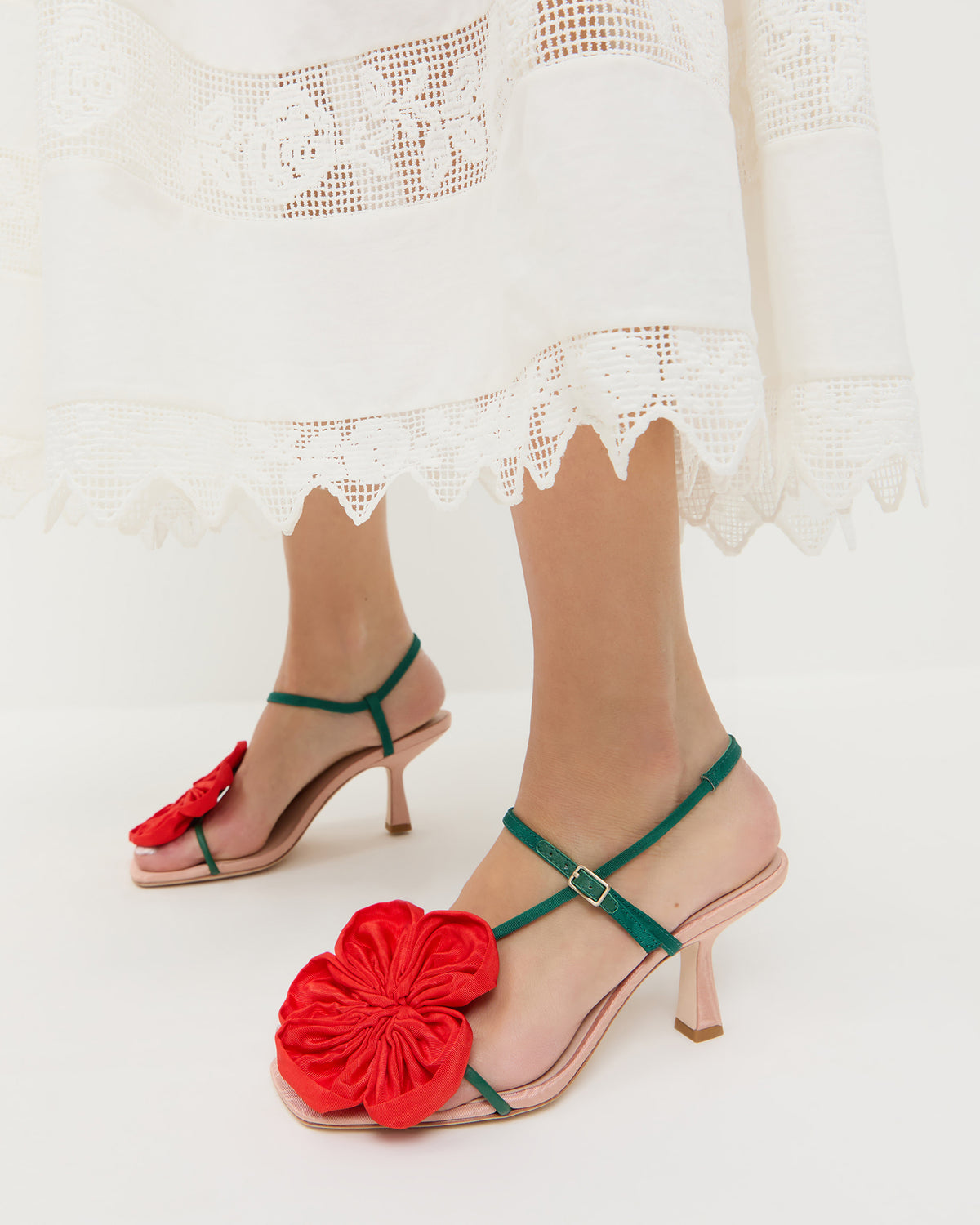 Frank Red/Green Moiré Flower Sandal in red and green moiré and Poppy Lace Dress in white cotton.
