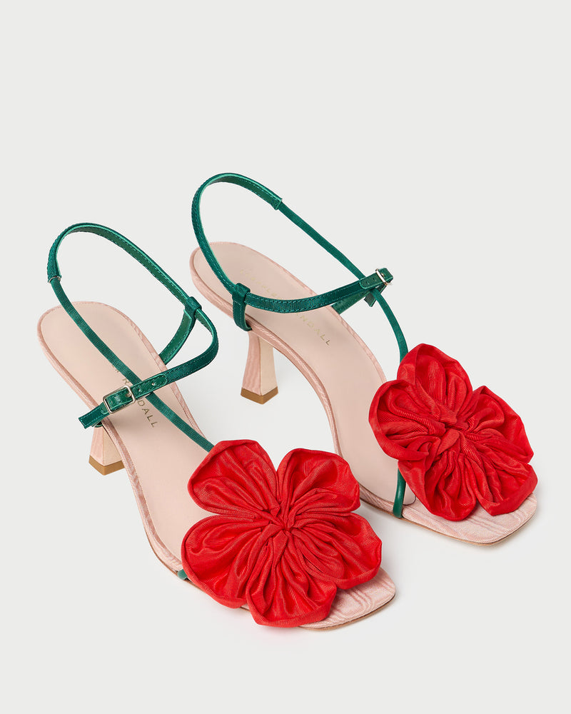 Frank Red/Green Moiré Flower Sandal in red and green moiré.