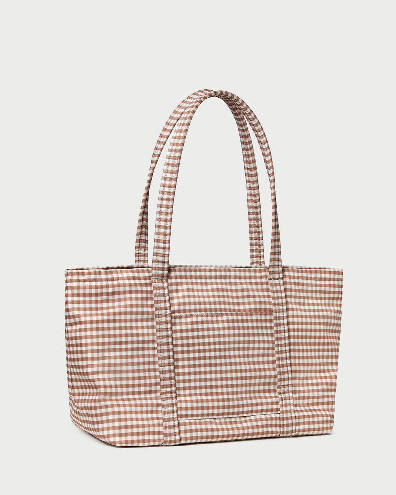 Mira Brown Gingham Everyday Tote Bag in water-resistant nylon.