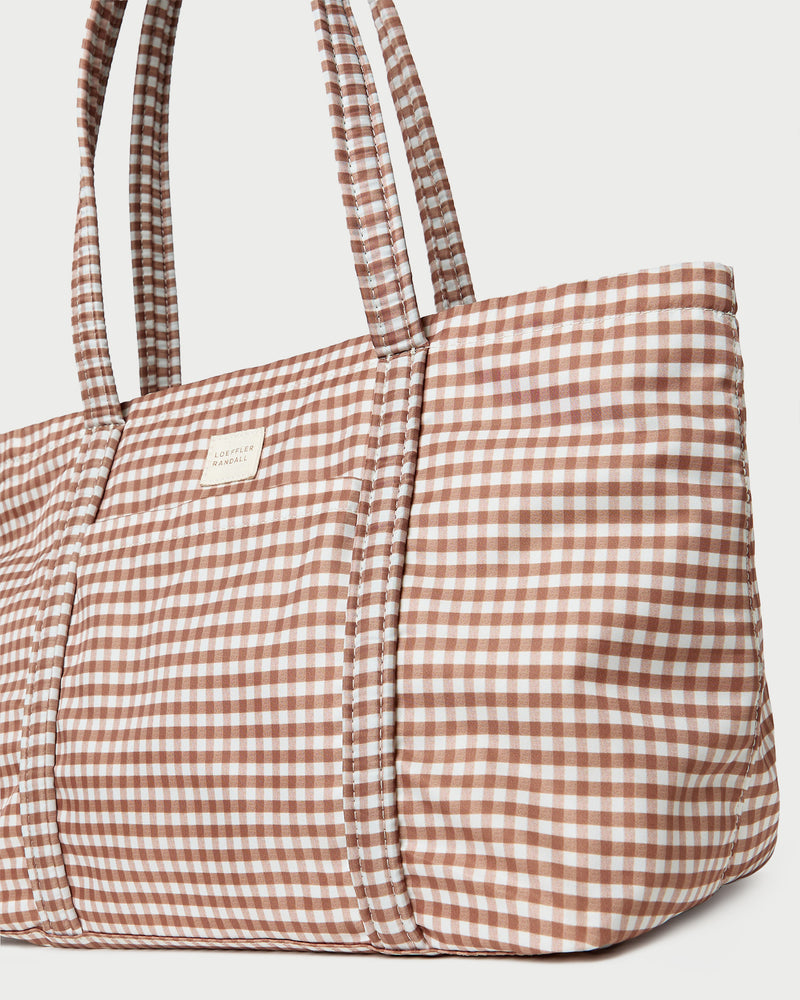 Mira Brown Gingham Everyday Tote Bag in water-resistant nylon.