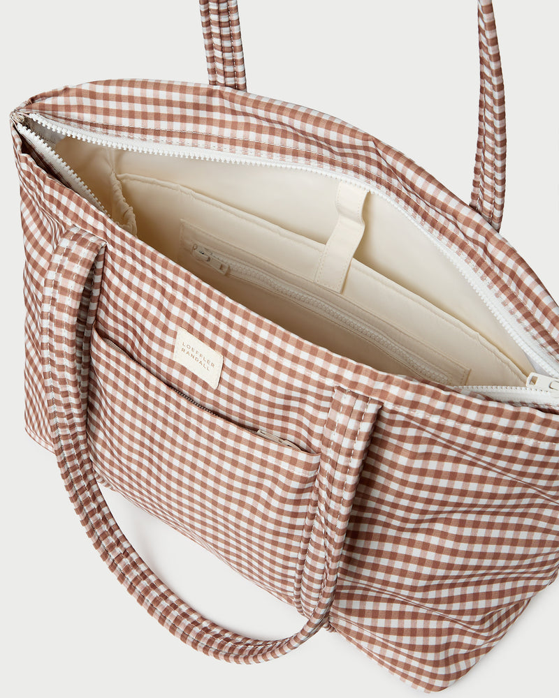 Mira Brown Gingham Everyday Tote Bag in water-resistant nylon.