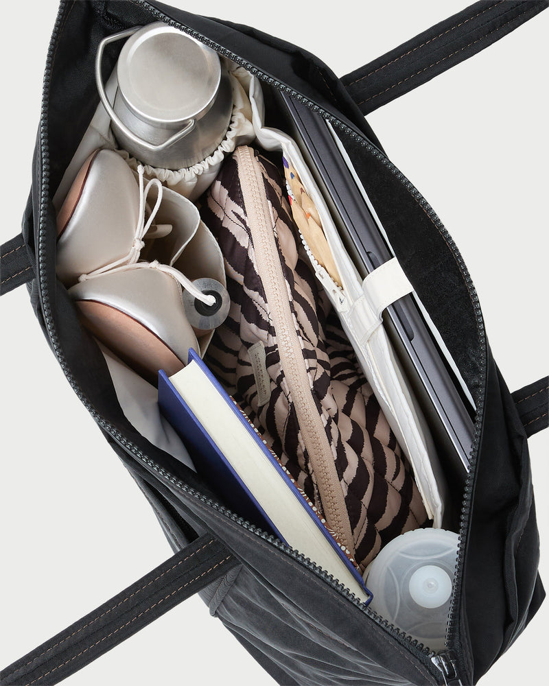 Mira Black Everyday Tote Bag in water-resistant nylon.