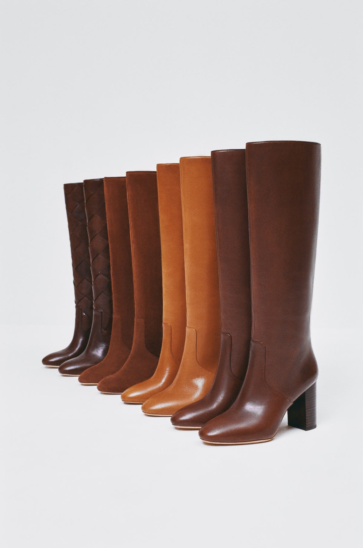 Goldy Espresso Woven Leather Tall Boot, Goldy Espresso Suede Tall Boot, Goldy Safari Leather Tall Boot, and Goldy Espresso Leather Tall Boot - Loeffler Randall