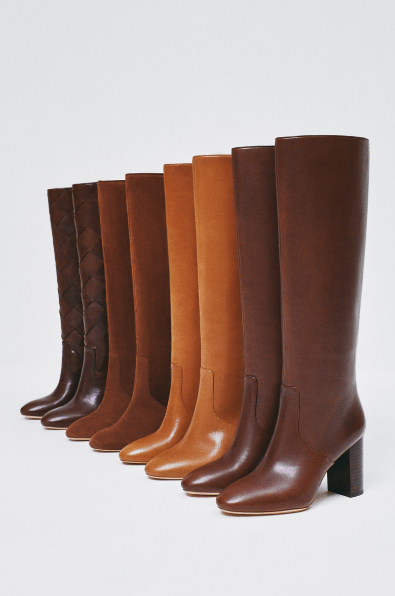 Goldy Espresso Woven Leather Tall Boot, Goldy Espresso Suede Tall Boot, Goldy Safari Leather Tall Boot, and Goldy Espresso Leather Tall Boot - Loeffler Randall
