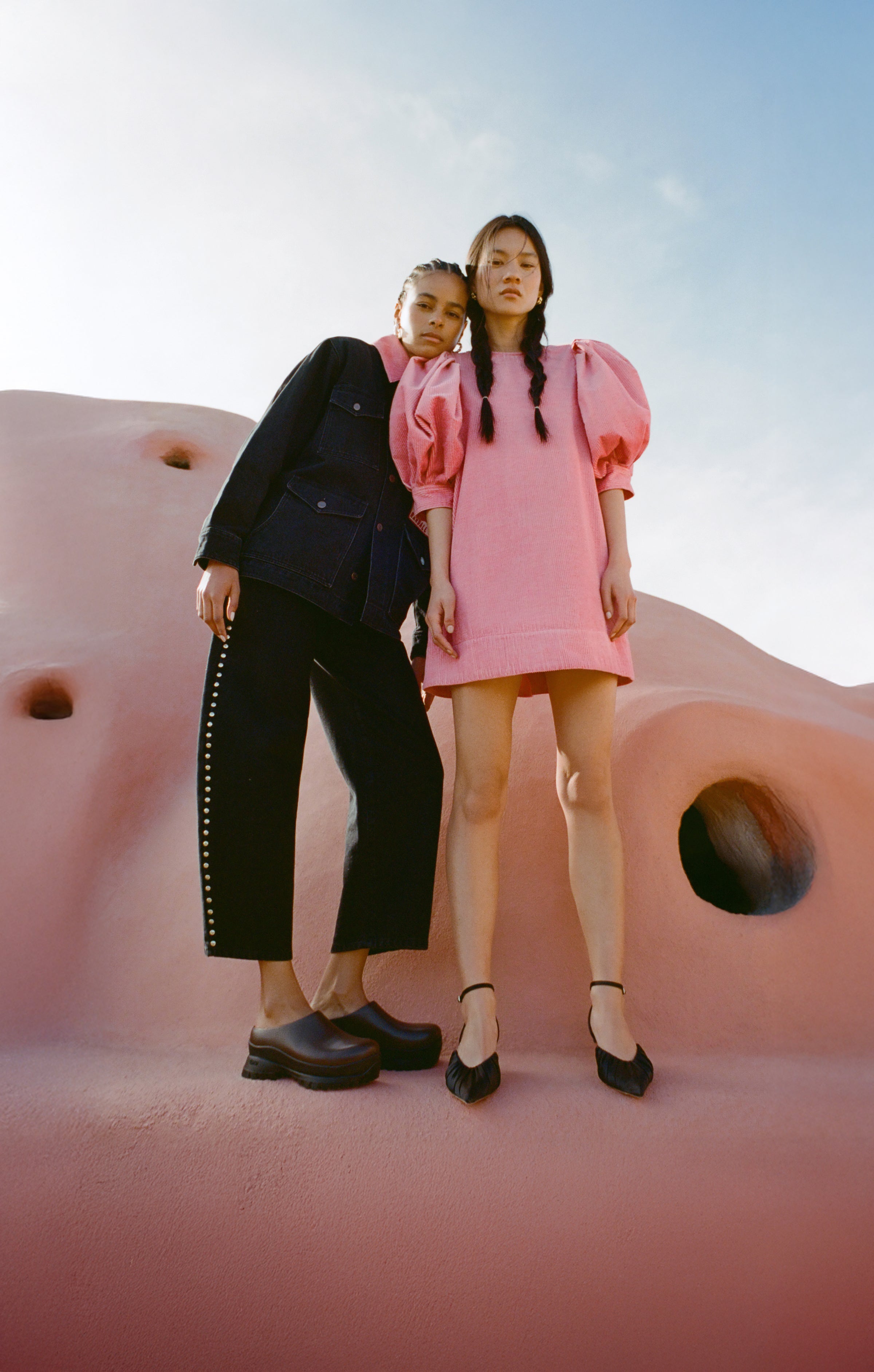 Willy Dress in Pink Corduroy, Rio Black Satin Kitten Heel, Quincy Jacket in Pink/Black, Winona Denim Barrel Pant in Washed Black, and Gemma Espresso Leather Lug Mule - Loeffler Randall