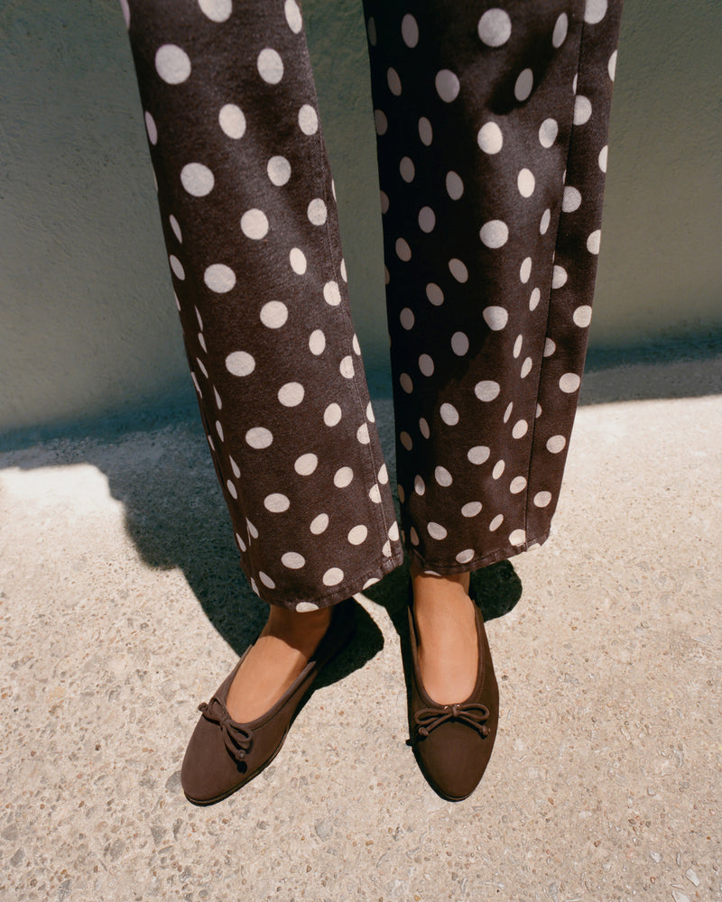 Noelle Brown Suede Ballet Flat in brown suede and Winona Denim Pant in brown and cream polka dot denim.