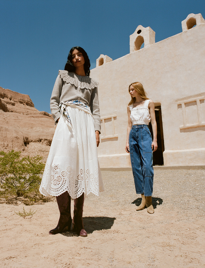 Wynn Cardigan in grey wool, Tinsley Skirt in white cotton, Runa Top in white cotton, Molly Workwear Jean in medium washed denim, and Jett Sand Suede Calf Boot - Loeffler Randall
