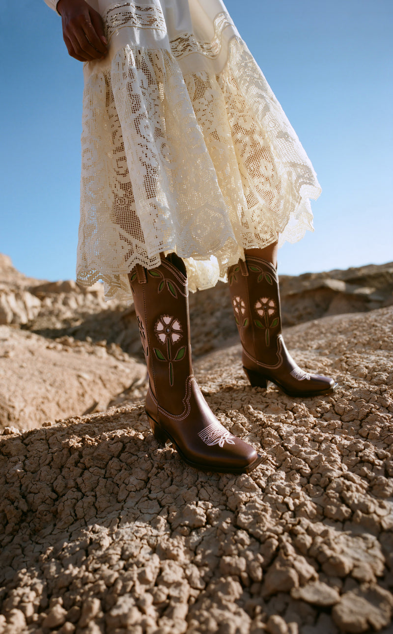 Jo Puff-Sleeve Dress in cream cotton and Wilder Brown Leather Tulip Boot - Loeffler Randall