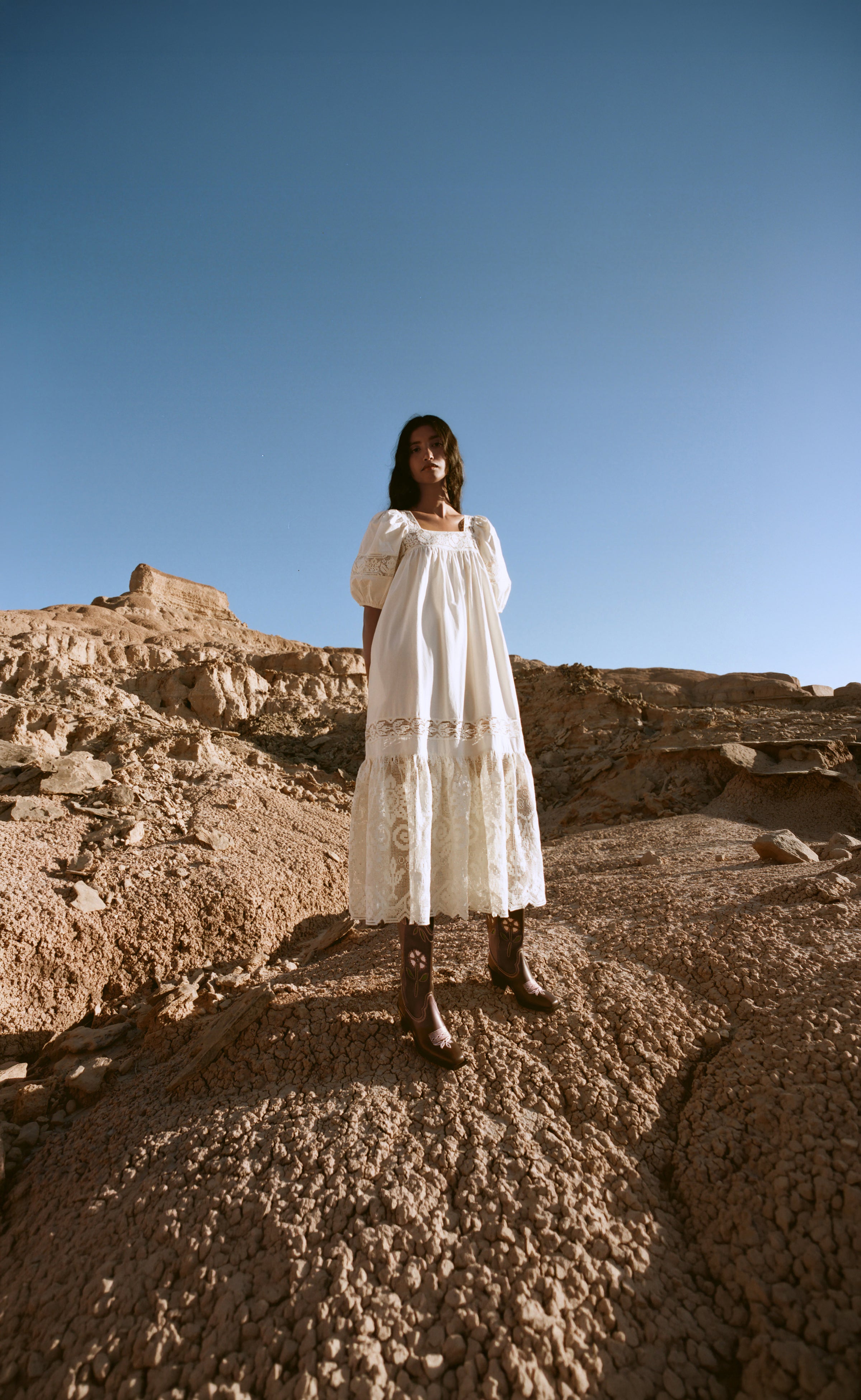 Jo Puff-Sleeve Dress in cream cotton and Wilder Brown Leather Tulip Boot - Loeffler Randall
