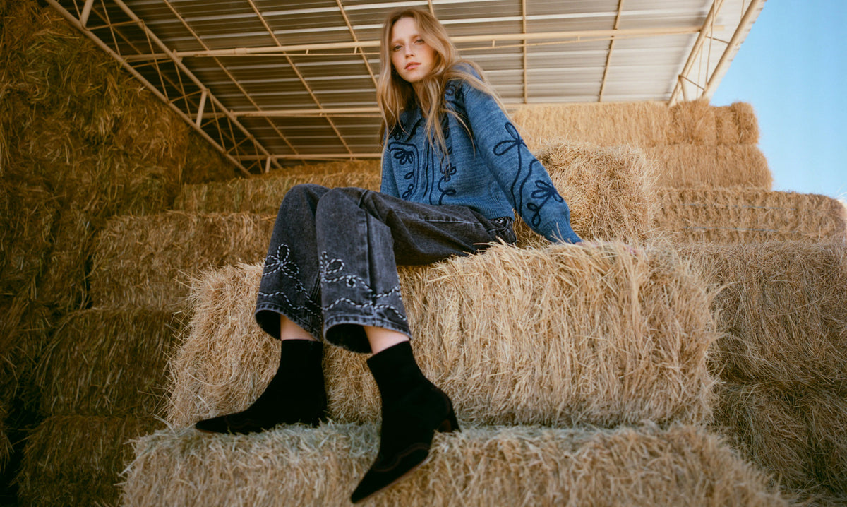 Diaz Sweater in navy wool, Magnolia Denim Pant in washed black denim, and Siya Black Suede Ankle Boot - Loeffler Randall