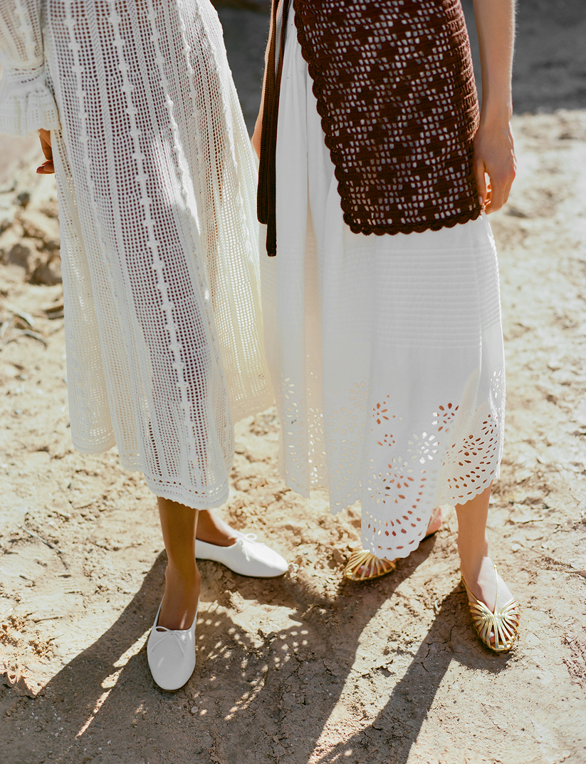 Tinsley Skirt in white cotton, Betty Brown Crochet Apron, and Devon Gold Slingback Sandal - Loeffler Randall