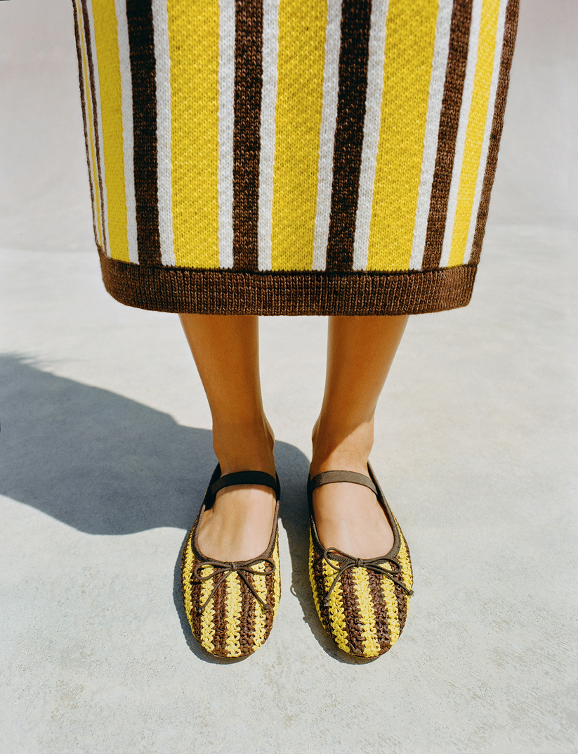 Ever Skirt in yellow and brown striped wool and Leonie Yellow/Brown Crochet Ballet Flat - Loeffler Randall