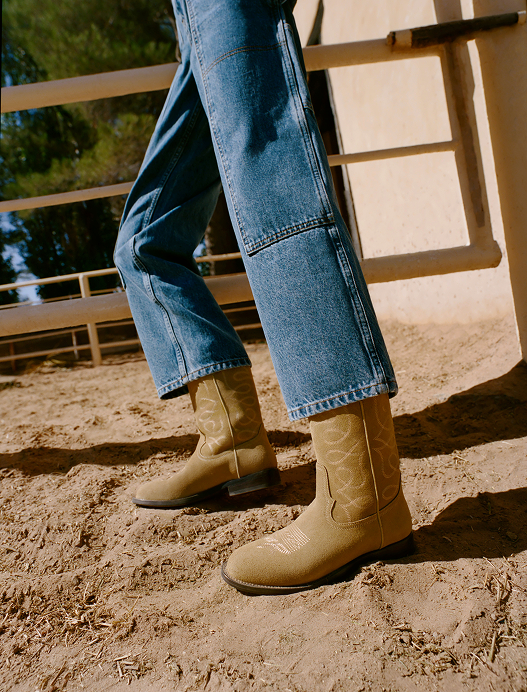 Molly Workwear Jean in medium washed denim, and Jett Sand Suede Calf Boot - Loeffler Randall