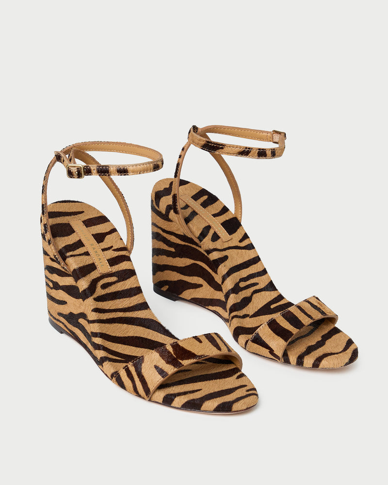 Gavi Wedge sandal in tan zebra print hair calf.