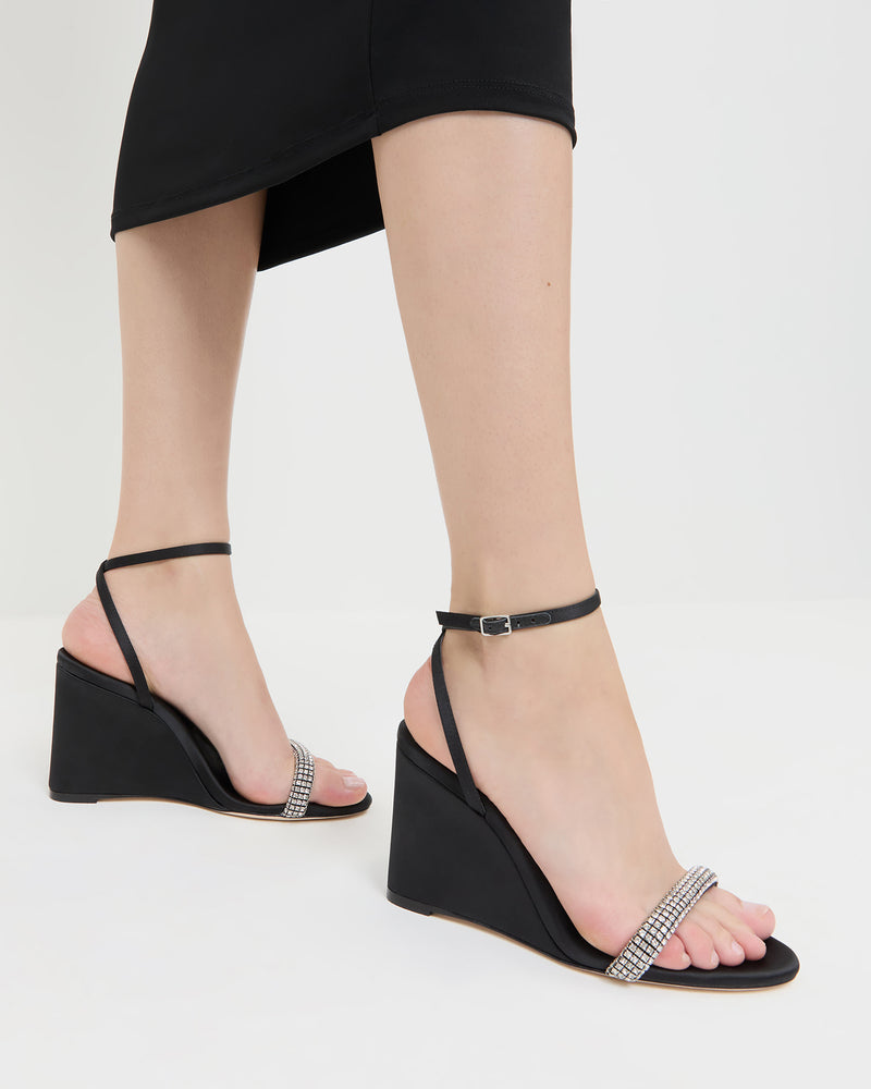 Gavi Black/Diamond Satin Wedge in black satin with crystal accents.