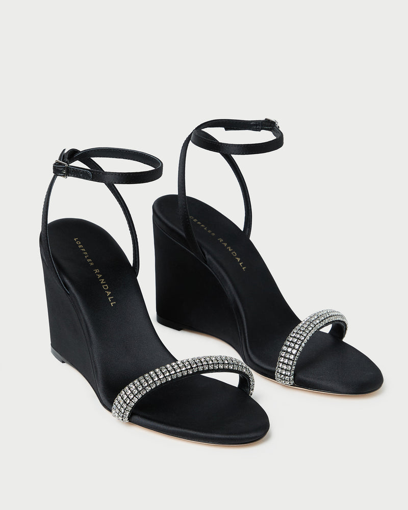 Gavi Black/Diamond Satin Wedge in black satin with crystal accents.