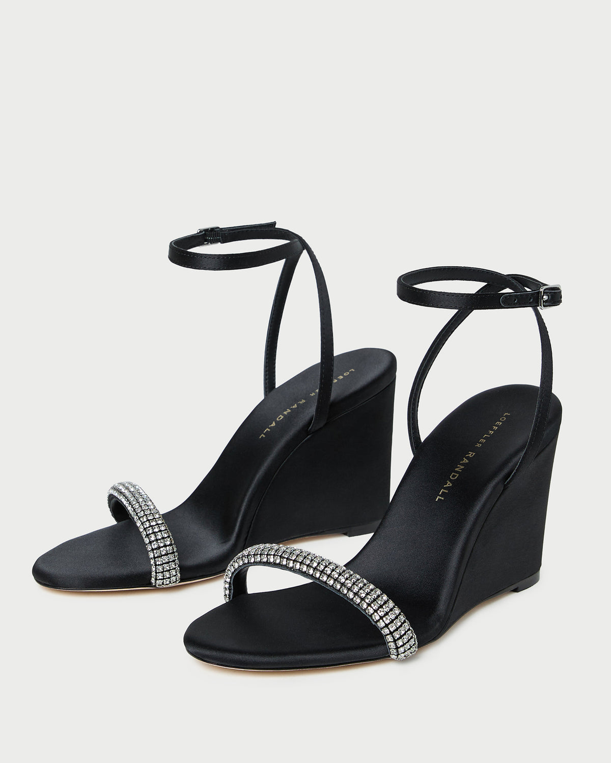 Gavi Black/Diamond Satin Wedge in black satin with crystal accents.