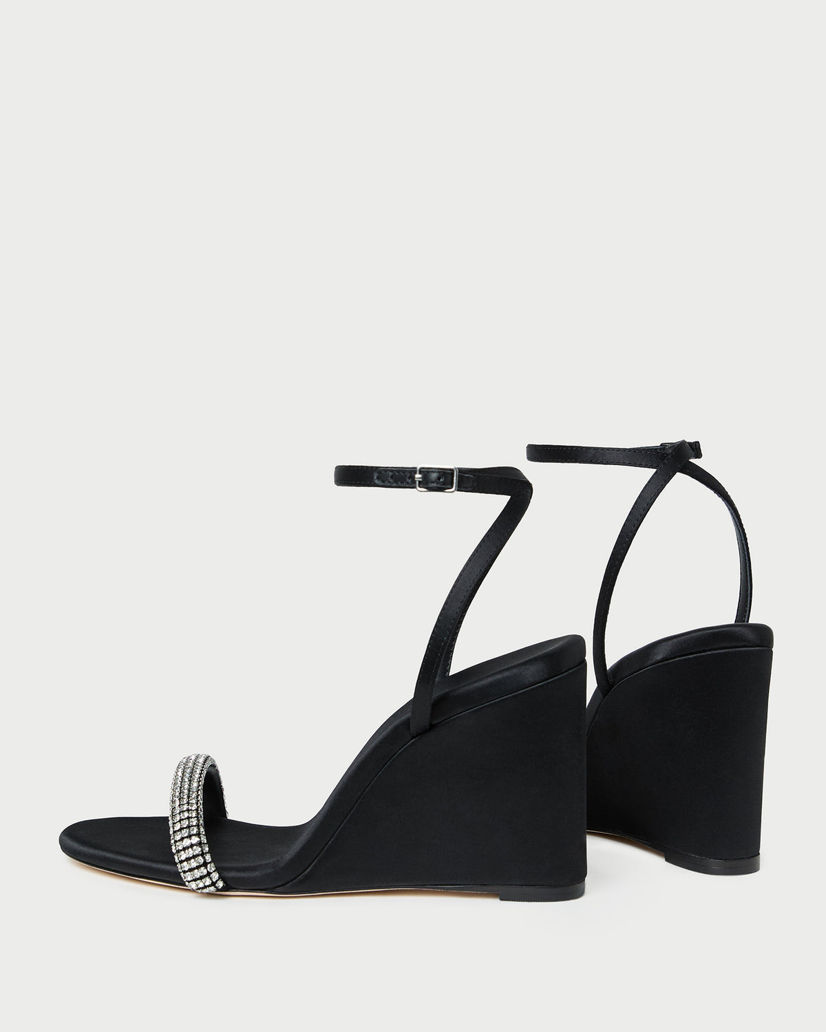 Gavi Black/Diamond Satin Wedge in black satin with crystal accents.