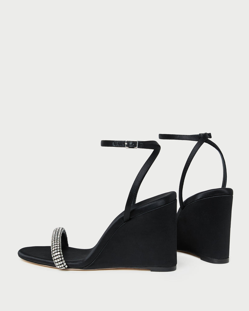 Gavi Black/Diamond Satin Wedge in black satin with crystal accents.