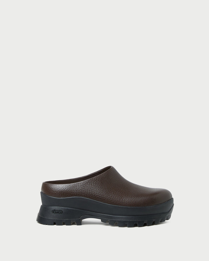 Gemma Brown Leather Lug Mule in brown pebbled leather.