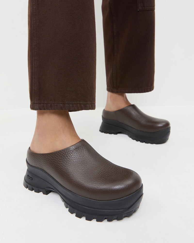 Gemma Brown Leather Lug Mule in brown pebbled leather and Molly Workwear Pant in dark brown.