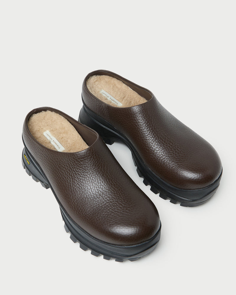 Gemma Brown Leather Lug Mule in brown pebbled leather.