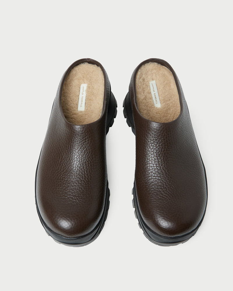 Gemma Brown Leather Lug Mule in brown pebbled leather.