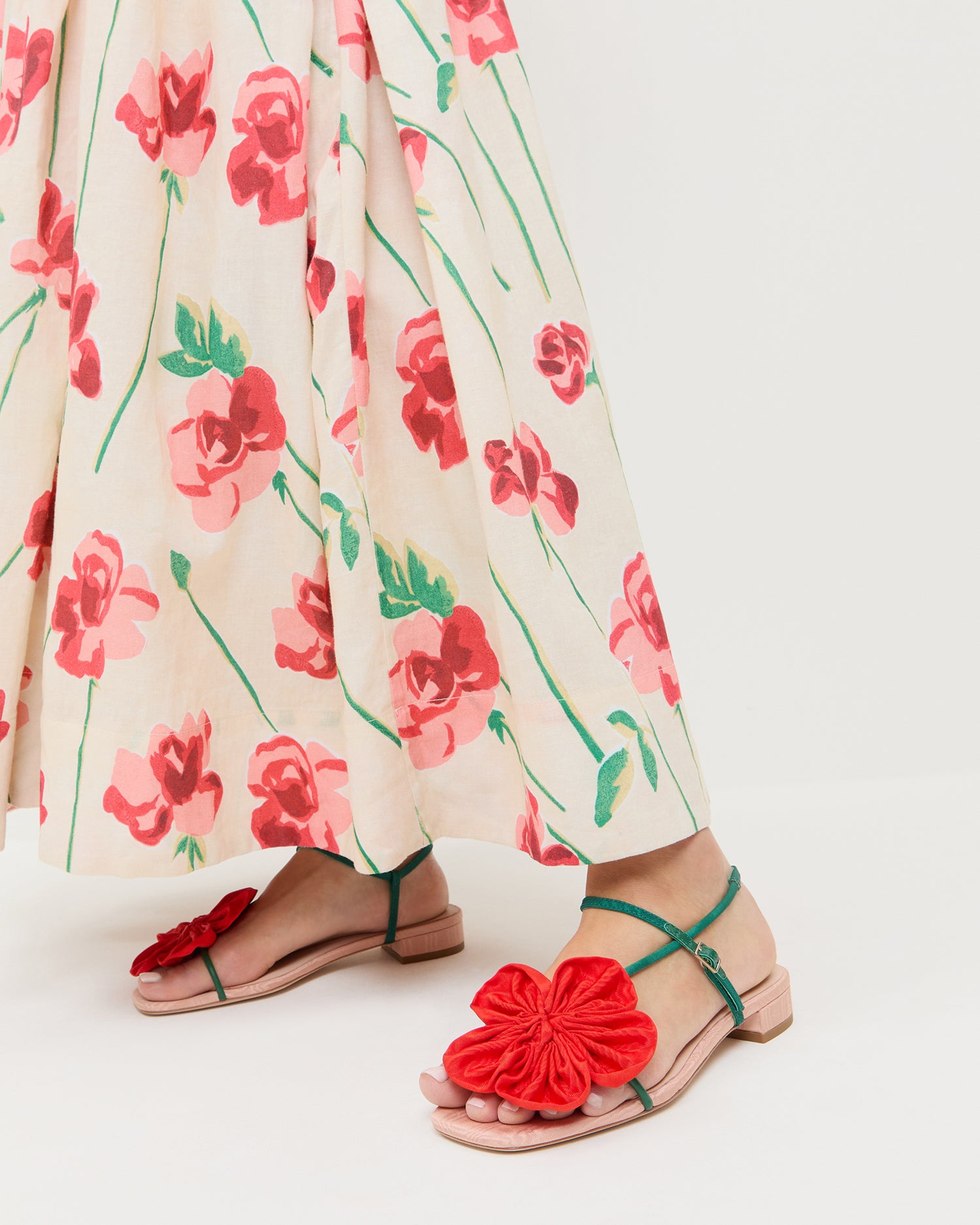 Genevieve Red/Green Moiré Flower Sandal | Flat Sandals