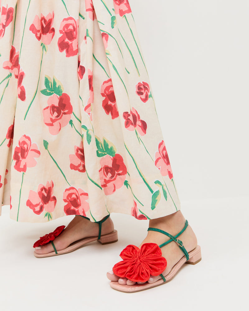 Genevieve Red/Green Moiré Flower Sandal in red and green moiré and Lillia Dress in cream floral cotton.