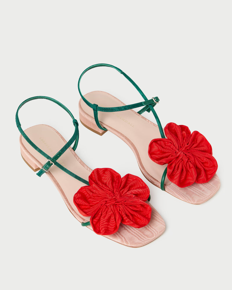 Genevieve Red/Green Moiré Flower Sandal in red and green moiré.