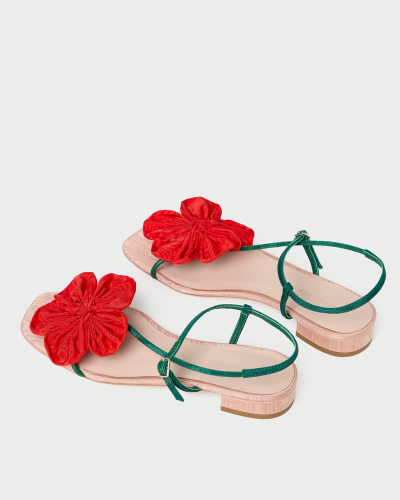 Genevieve Red/Green Moiré Flower Sandal in red and green moiré.