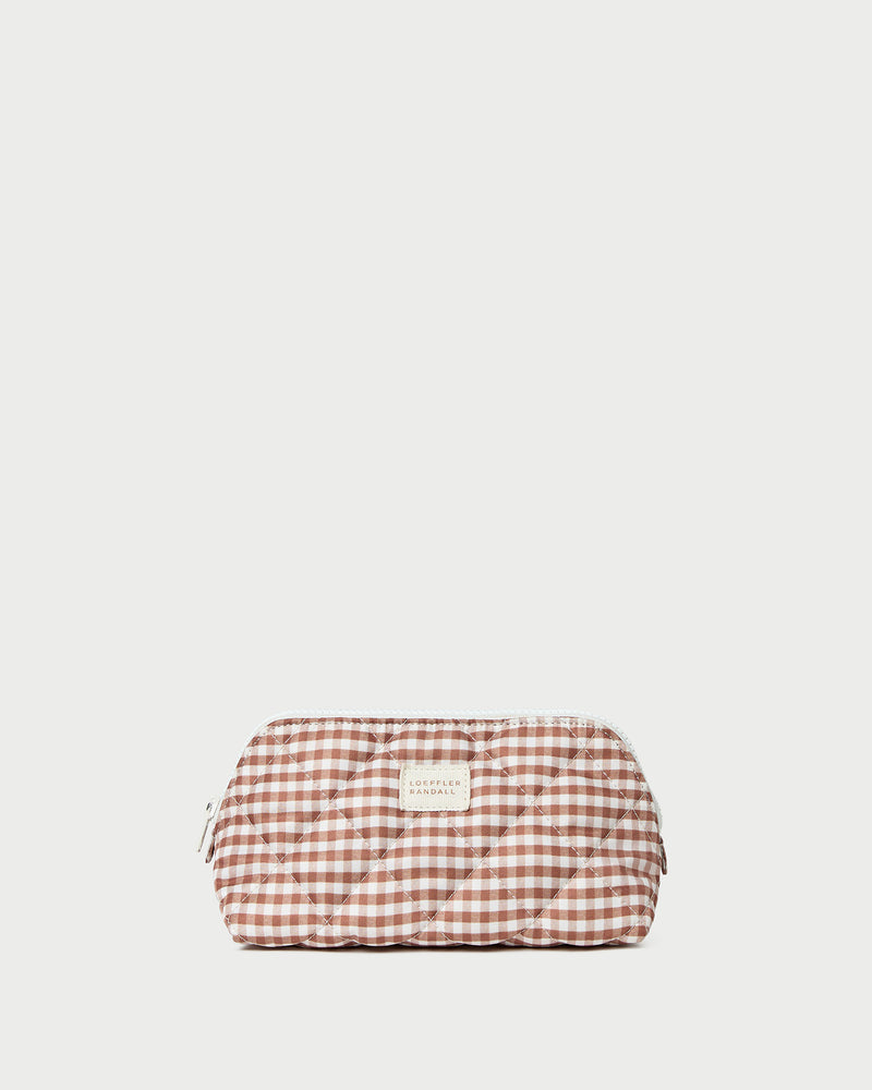 Georgette Brown Gingham Mini Cosmetic Pouch in brown gingham nylon.