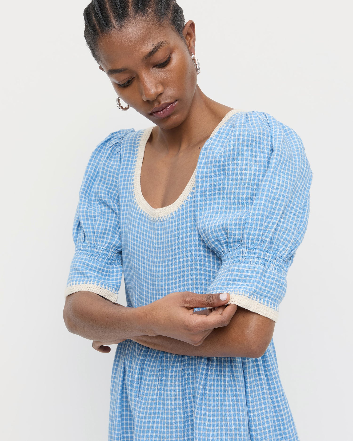 Gillian Blue Check Puff-Sleeve Dress | Dresses | Apparel XS Gillian Blue Check Puff-Sleeve Dress | Dresses | Apparel XS