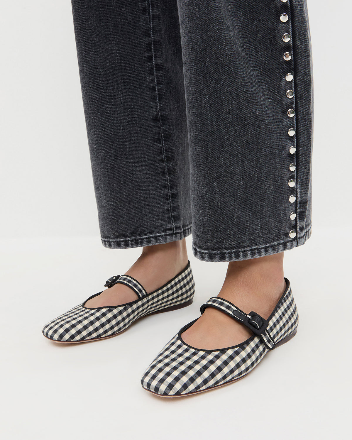 Ginger Black/White Gingham Mary Jane in black and white gingham cotton and Winona Denim Barrel Pant in washed black with silver studs.
