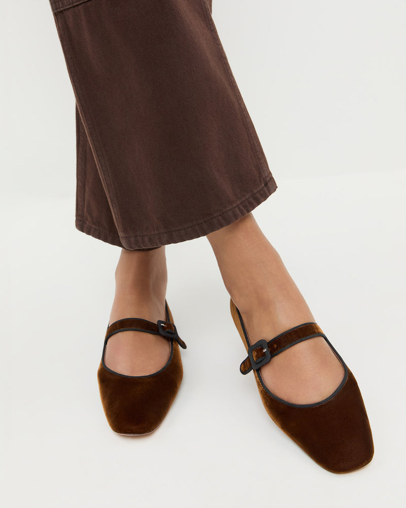 Ginger Brown Velvet Mary Jane in dark brown velvet and Molly Workwear Jean in brown denim.