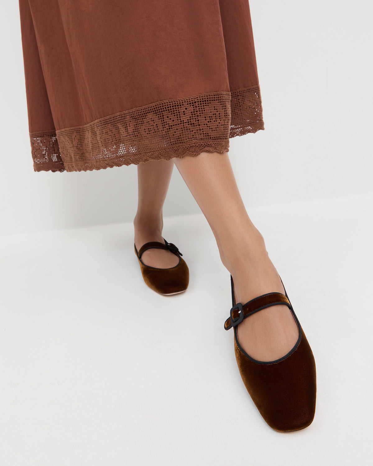 Ginger Brown Velvet Mary Jane in dark brown velvet and Althea Dress in chestnut brown cotton.