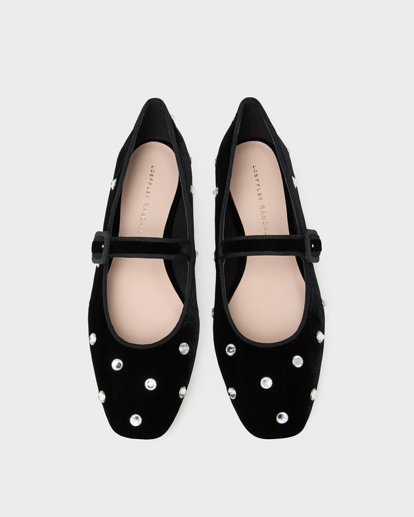 Ginger Black/Crystal Velvet Mary Jane in black velvet with crystal accents.