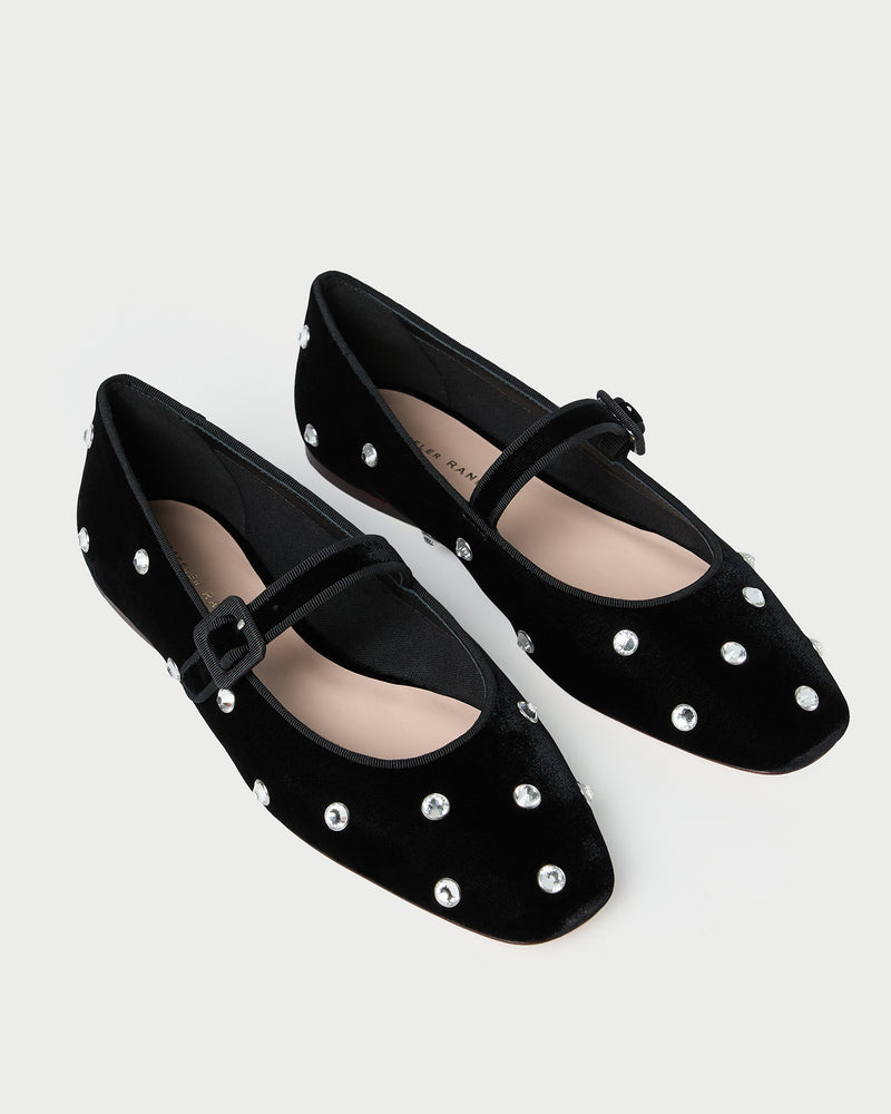 Ginger Black/Crystal Velvet Mary Jane in black velvet with crystal accents.