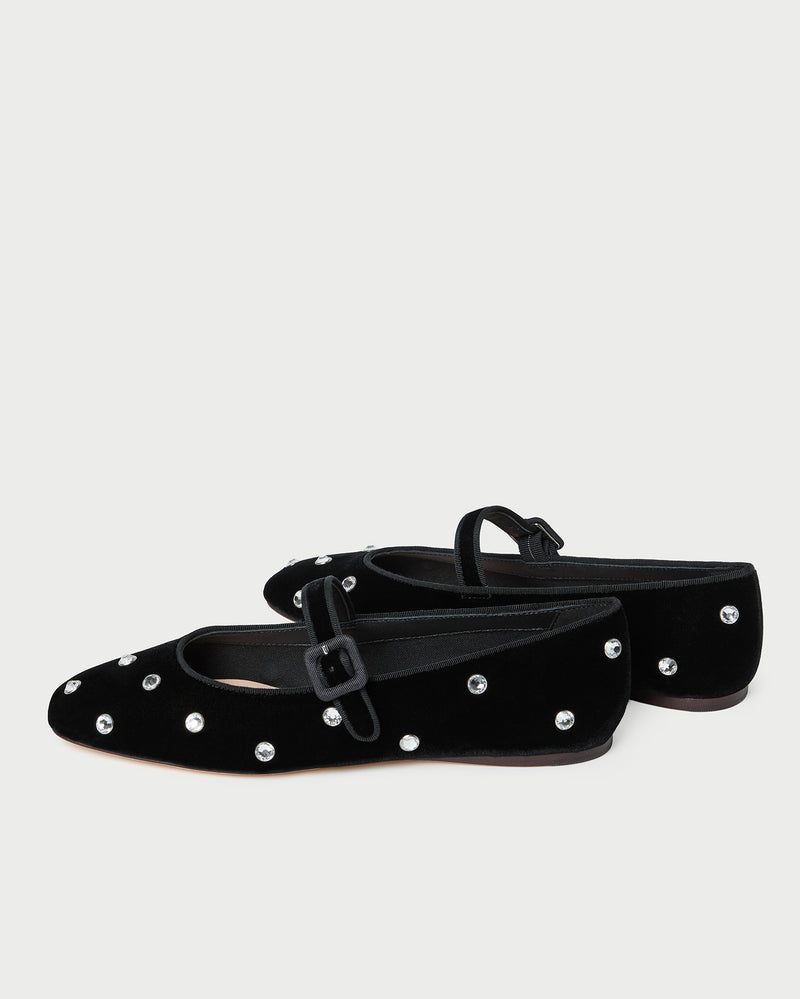 Ginger Black/Crystal Velvet Mary Jane in black velvet with crystal accents.