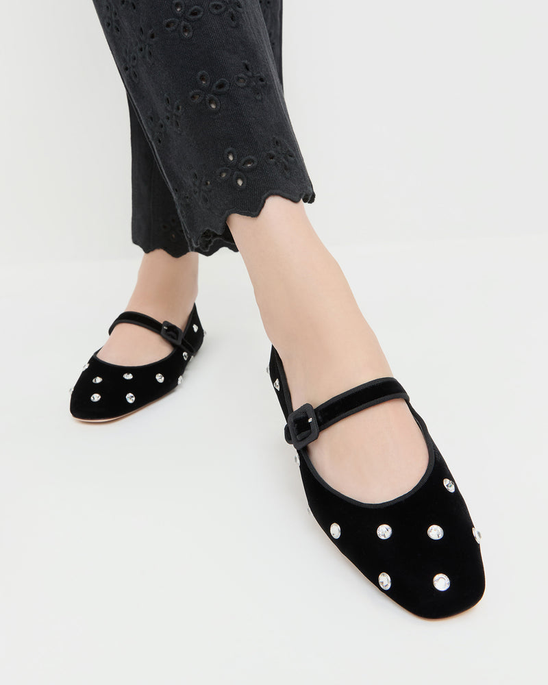 Ginger Black/Crystal Velvet Mary Jane in black velvet with crystal accents and Demi Embroidered Pant in black.