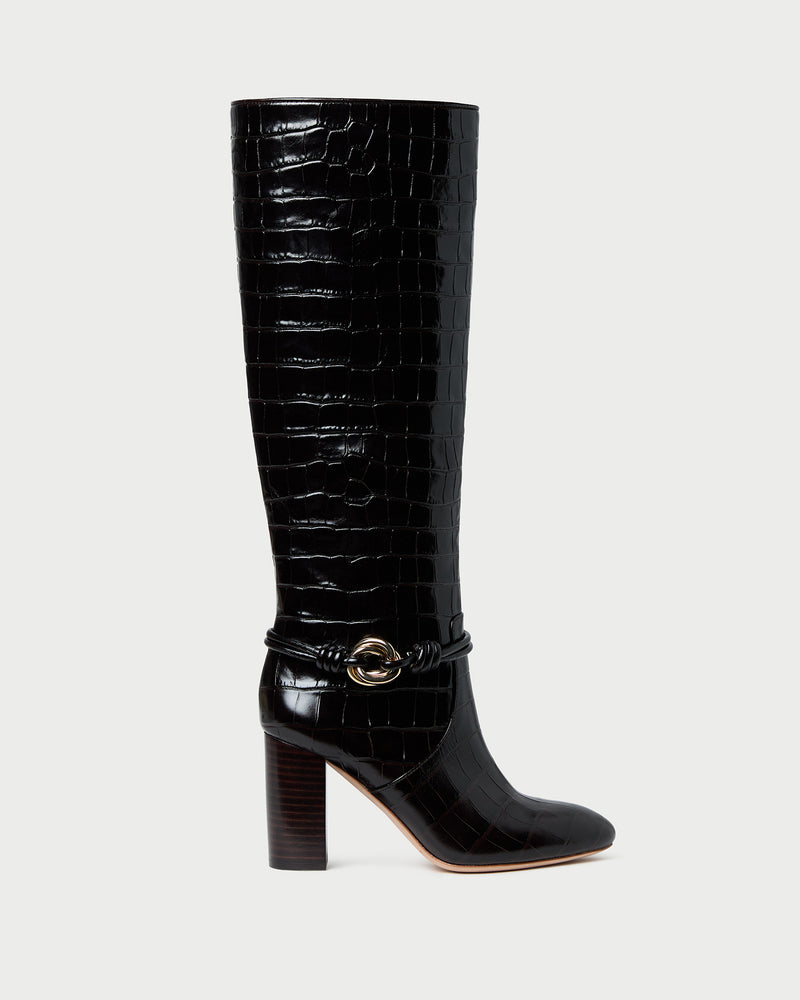 Goldy Crocodile/Gold Leather Tall Boot in crocodile print leather with gold accent.